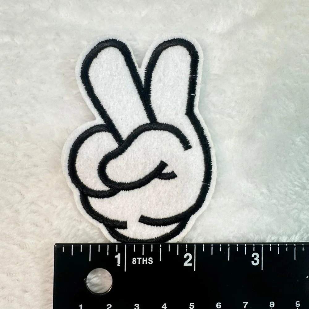 Peace Sign Hand Patch  White Black Embroidered Mickey Style Cartoon - Picture 2 of 4